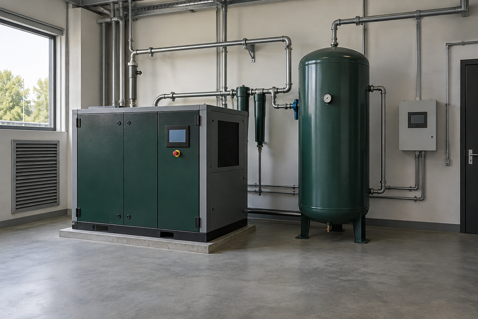 AI-generated illustration of a generic compressor room with an enclosed compressor, receiver tank, and wall-mounted enclosure